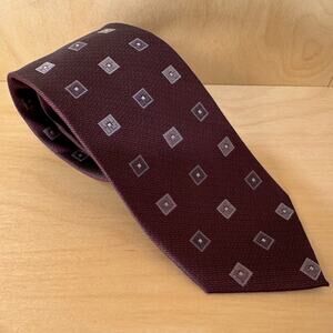 Pronto Uomo 100% Silk Tie Maroon Brown Geometric Squares Classic Mens Necktie